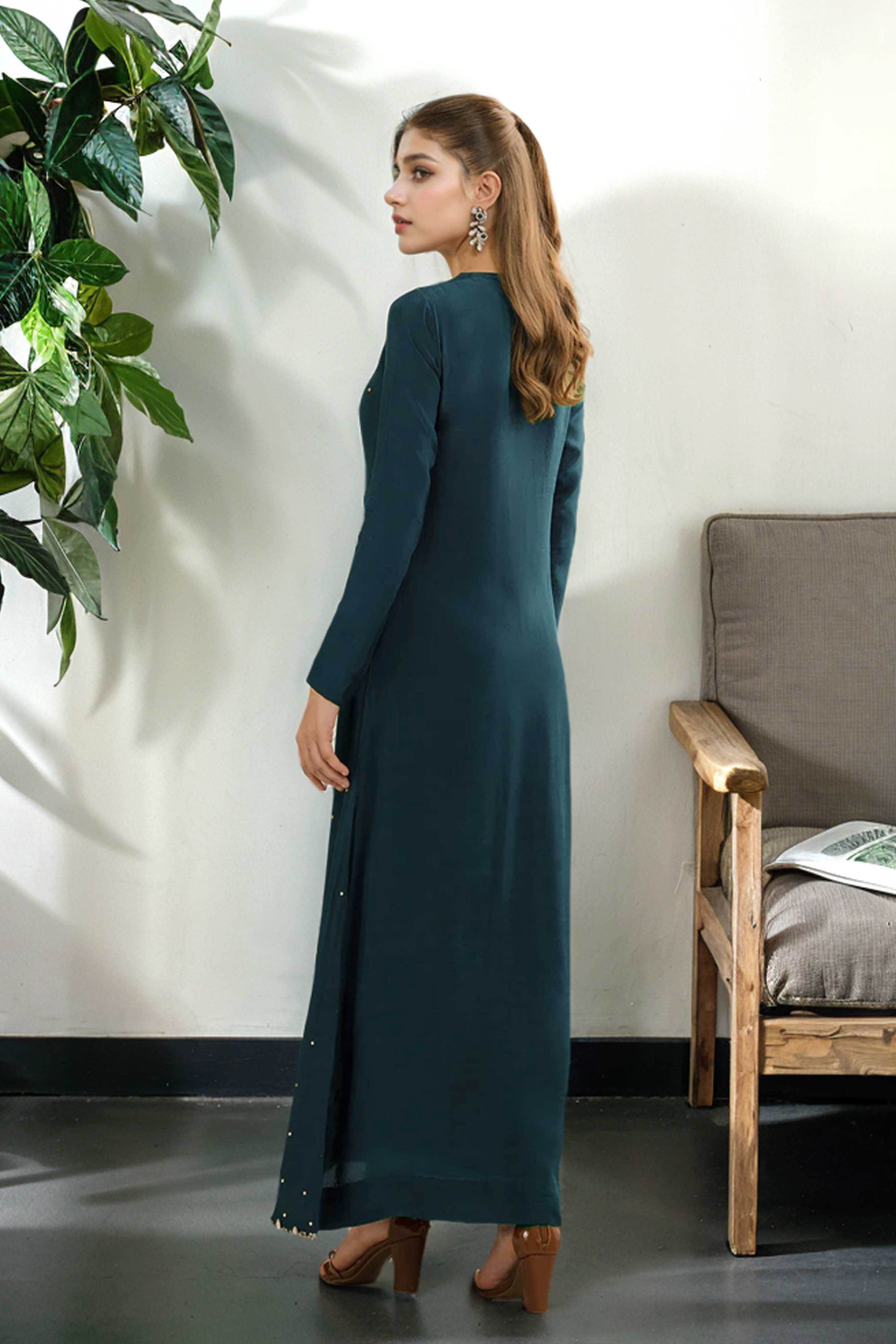 Hand Embellished Teal Green Long Gown
